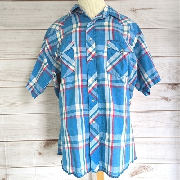 Wrangler Vintage 90s Snap Short Sleeve Button Down in Blue and Pink Plaid Sz XL - Picture 1 of 12